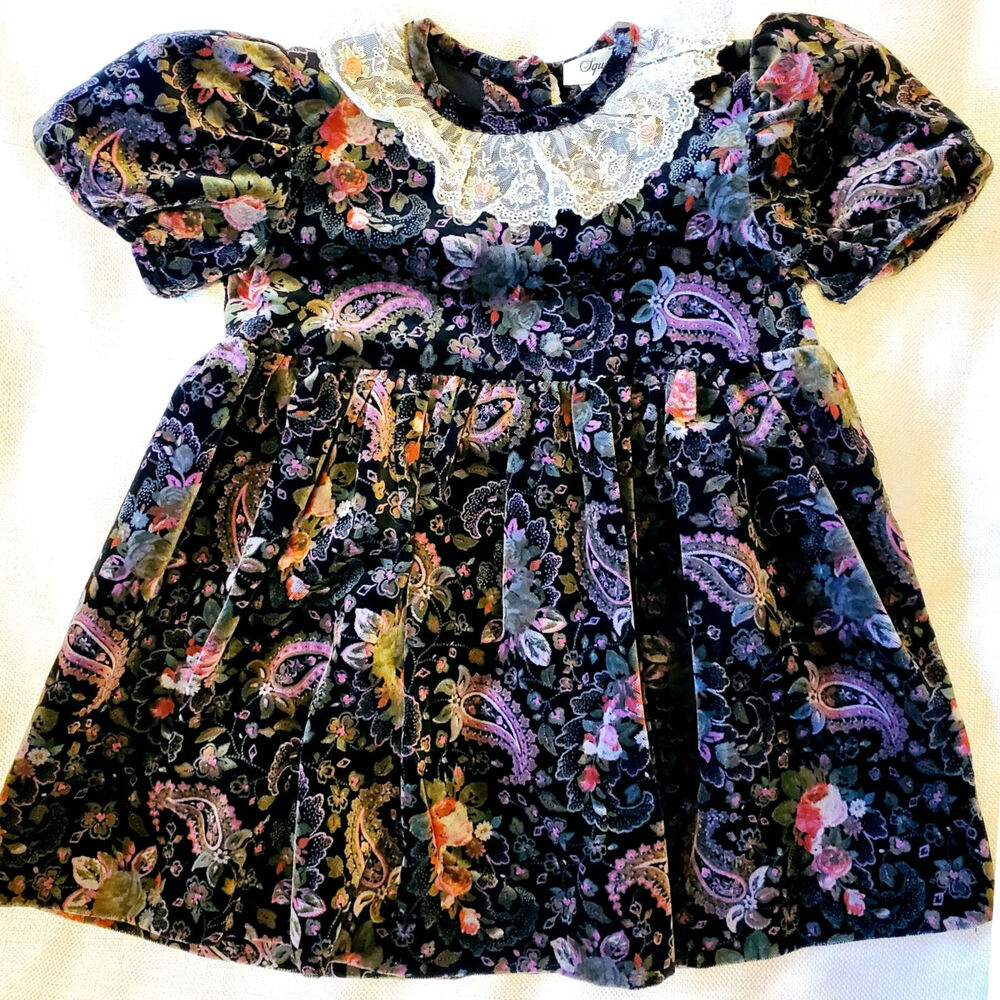 Sz 3T HAROLD SQUARE Black Multi Cotton Velvet White Lace Collar Short-Slv Dress